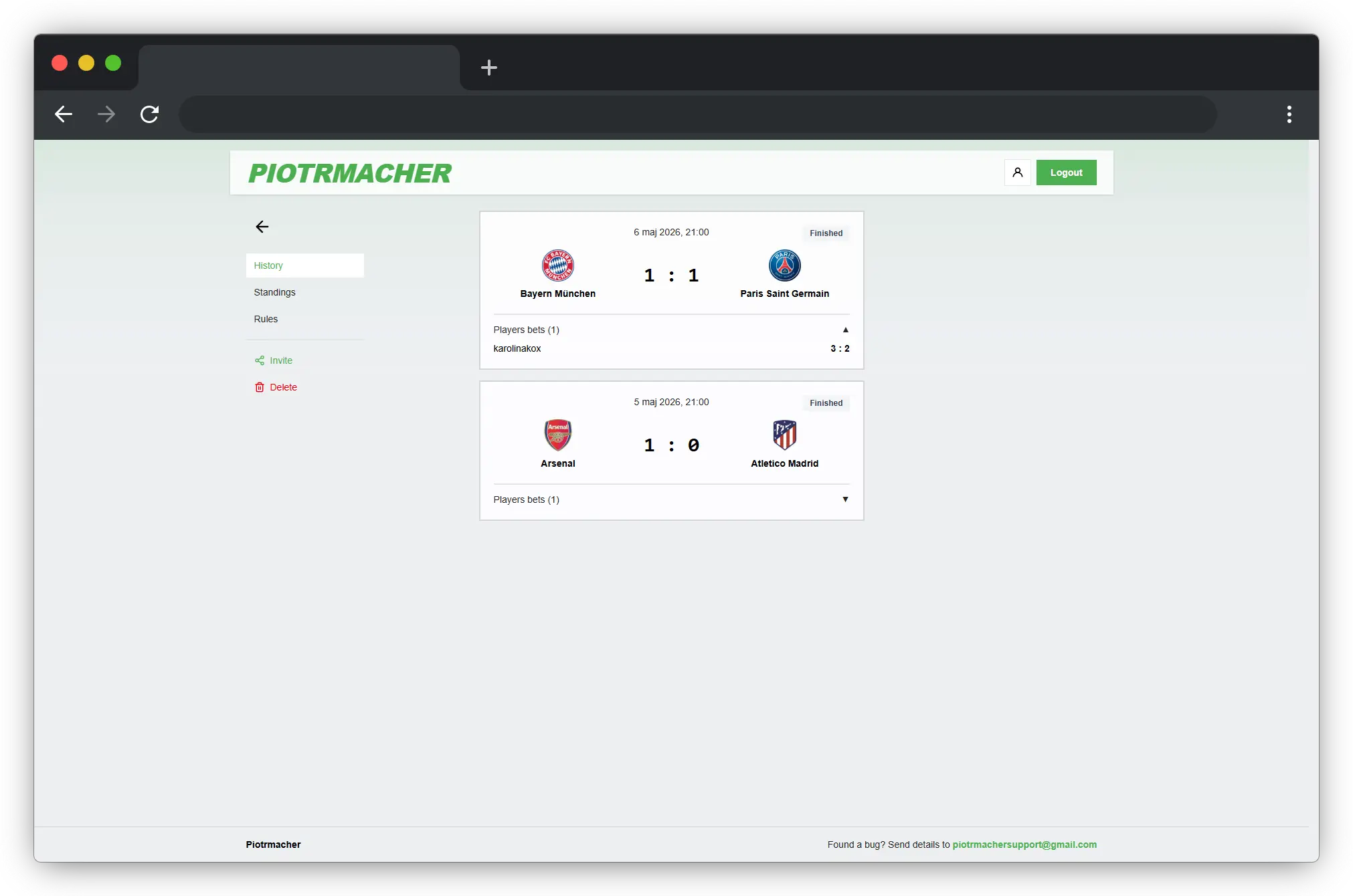Bet on matches with friends screenshot from Piotrmacher