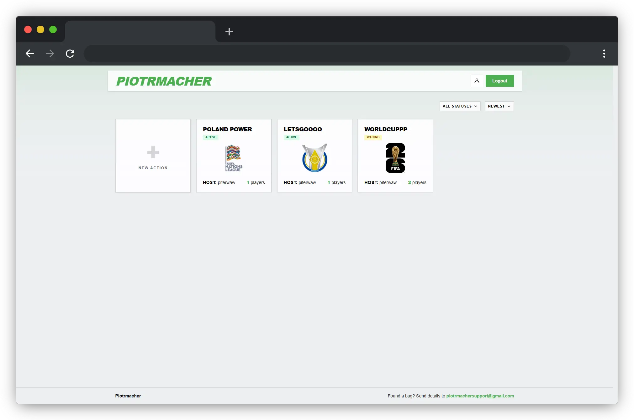 Piotrmacher rooms view showing active leagues