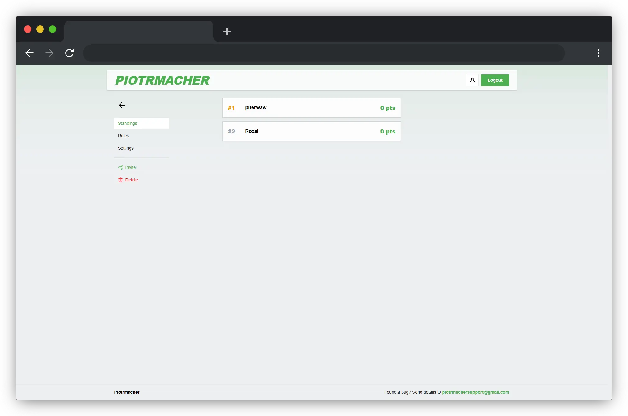 Live Standings screenshot from Piotrmacher